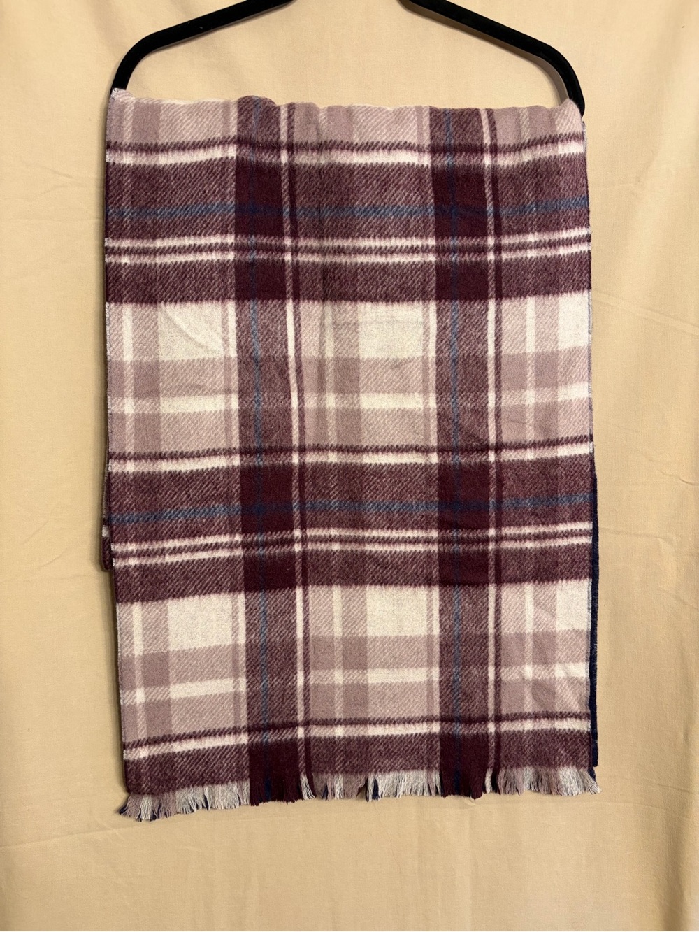 Club Monaco Burgundy and Navy Plaid Reversible 100% Wool Scarf